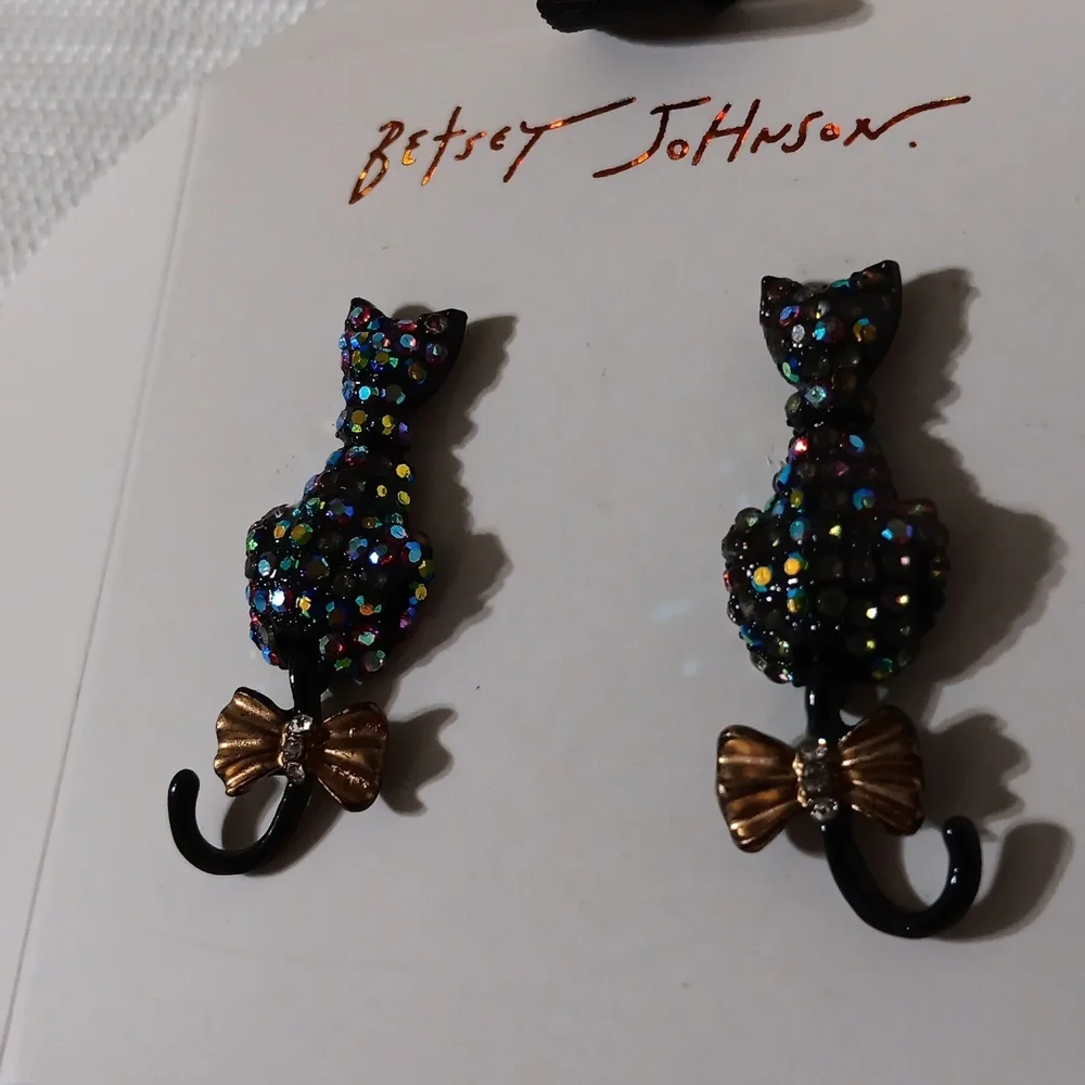 Betsey Johnson Multicolor Crystal Cat Earrings with Gold Bow